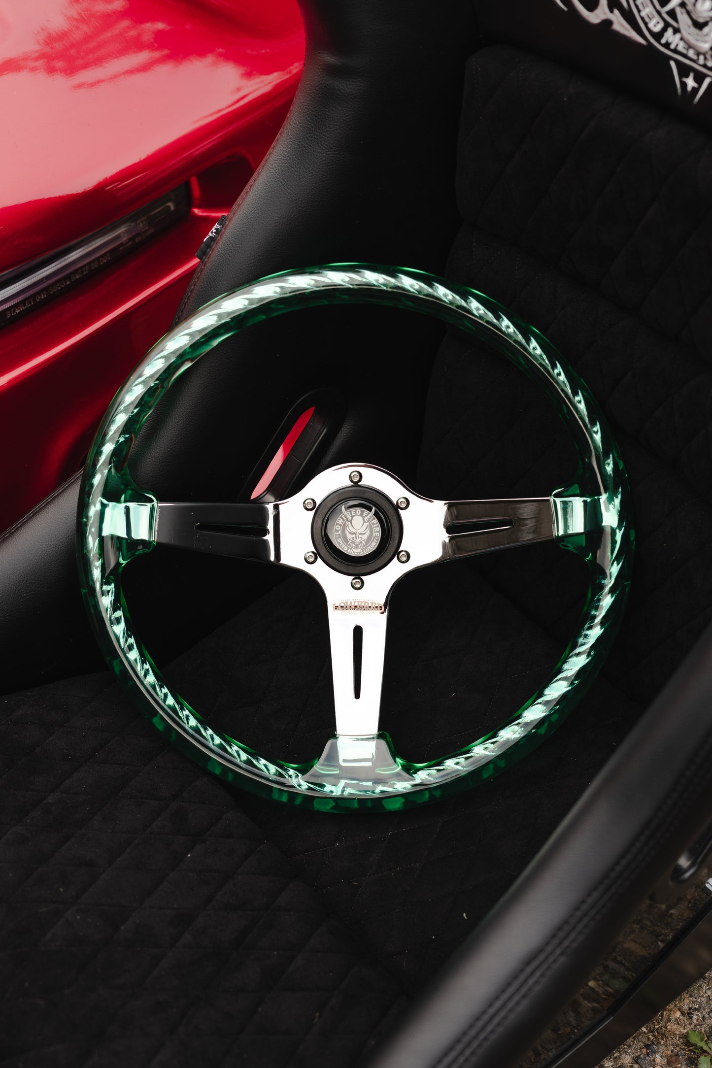 Chrome/Emerald Dragon Rakkī JDM DR-1 Steering Wheel 350mm- Lowered Empire