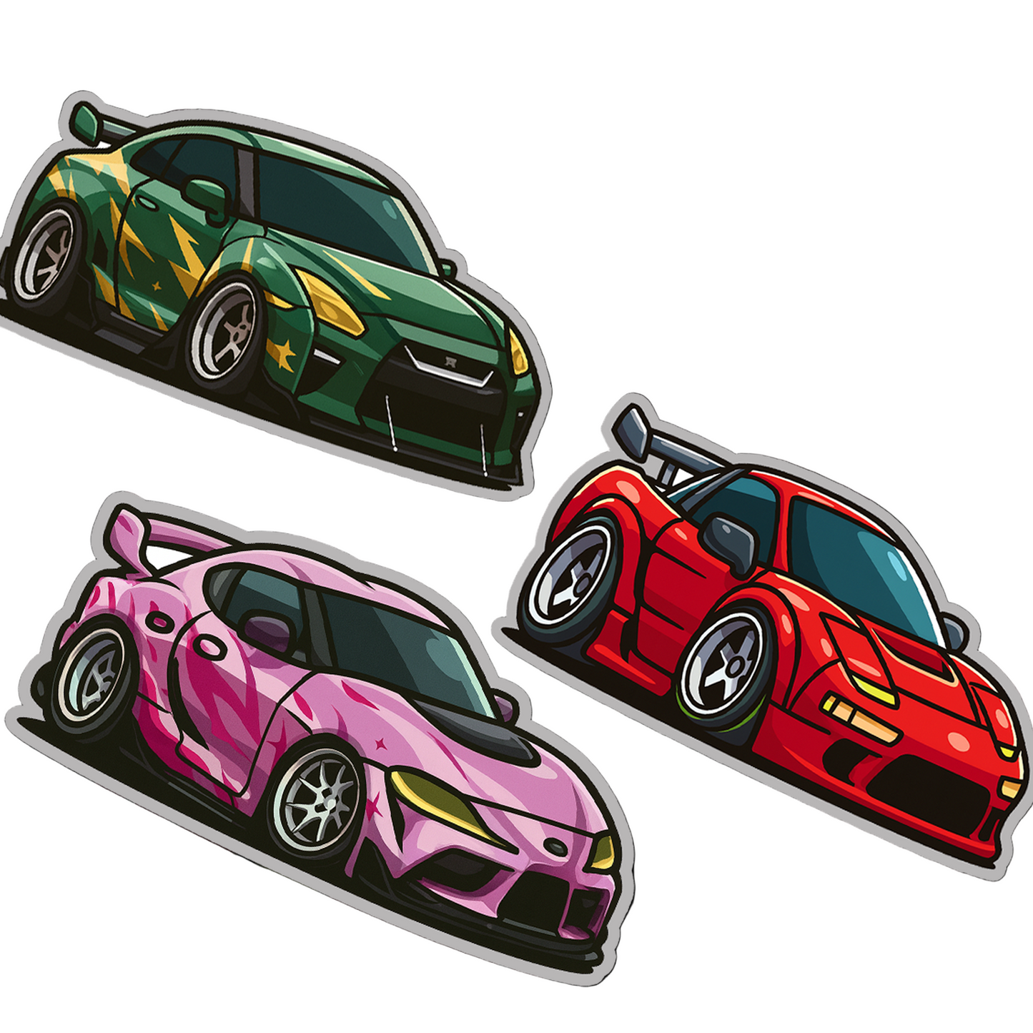 Three colorful cartoon car stickers on a dark background with text 'Sticker Pack Chibi Collection'.
