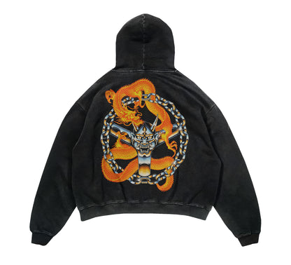 Chained Dragon Acid Wash Vintage Hoodie– Lowered Empire