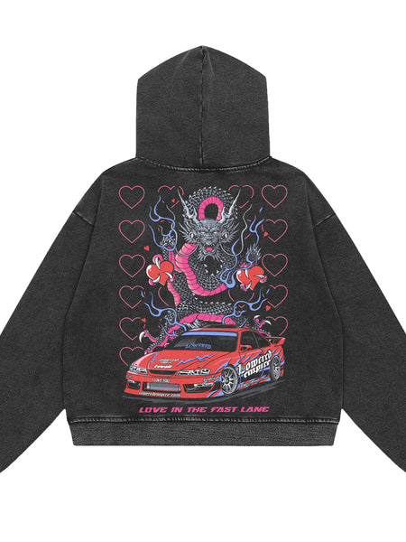 Valentines Fast Lane Vibes: Acid Wash Graphic Hoodie