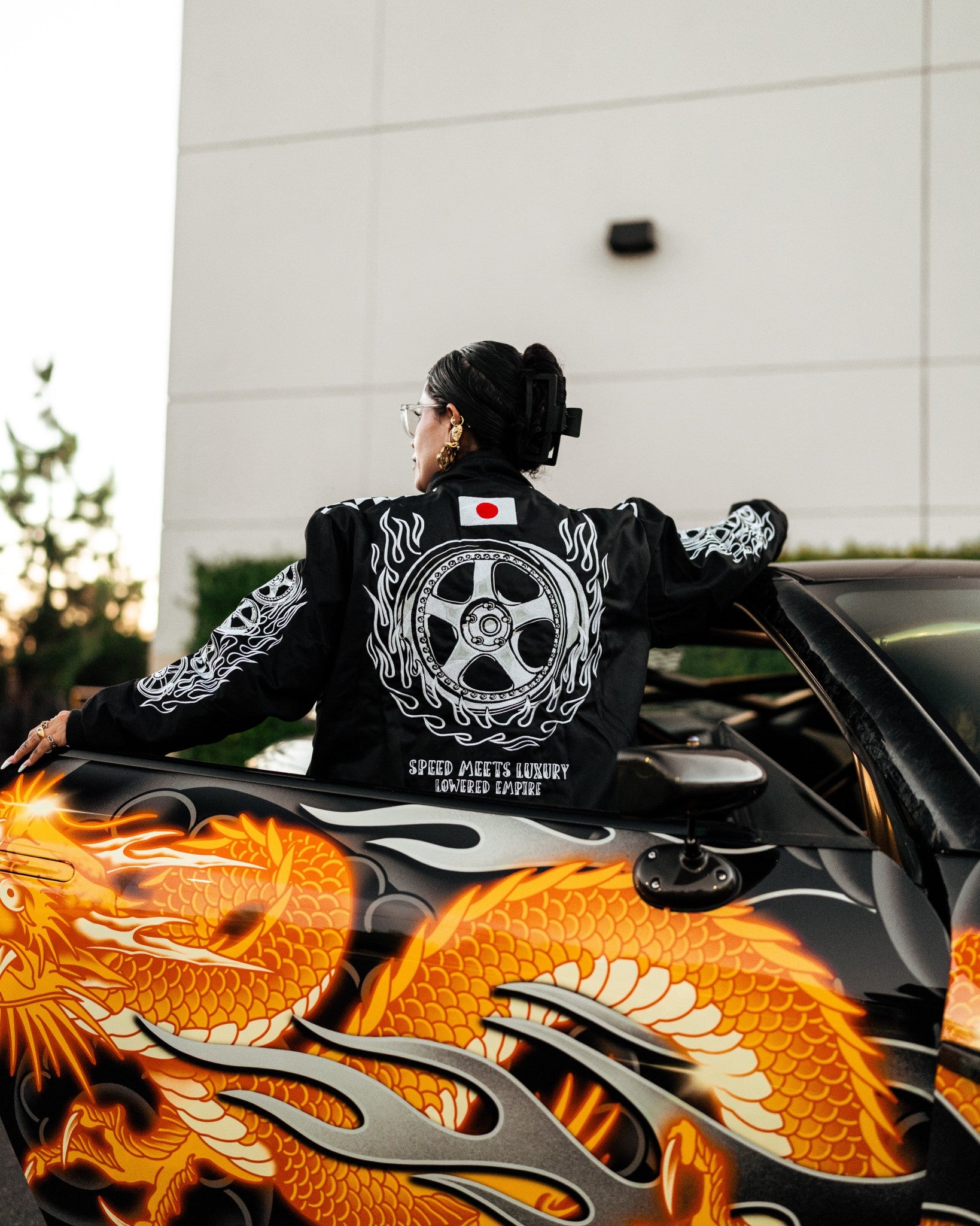 Black Embroider Wheel Collection Racing Jacket