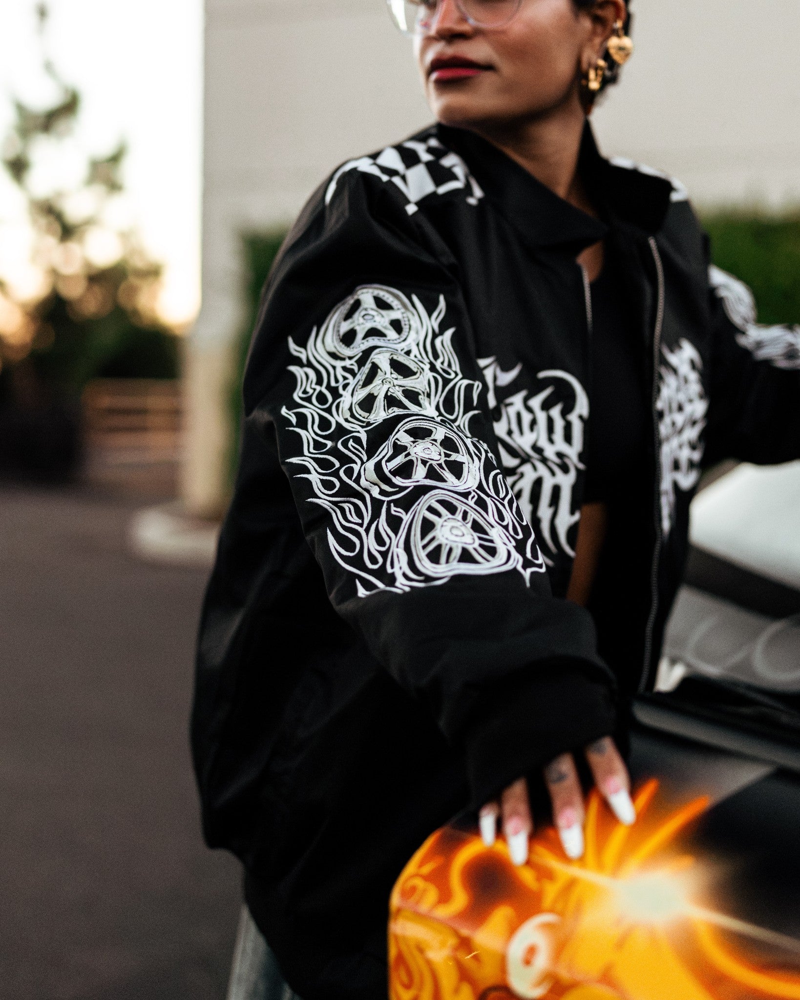 Black Embroider Wheel Collection Racing Jacket