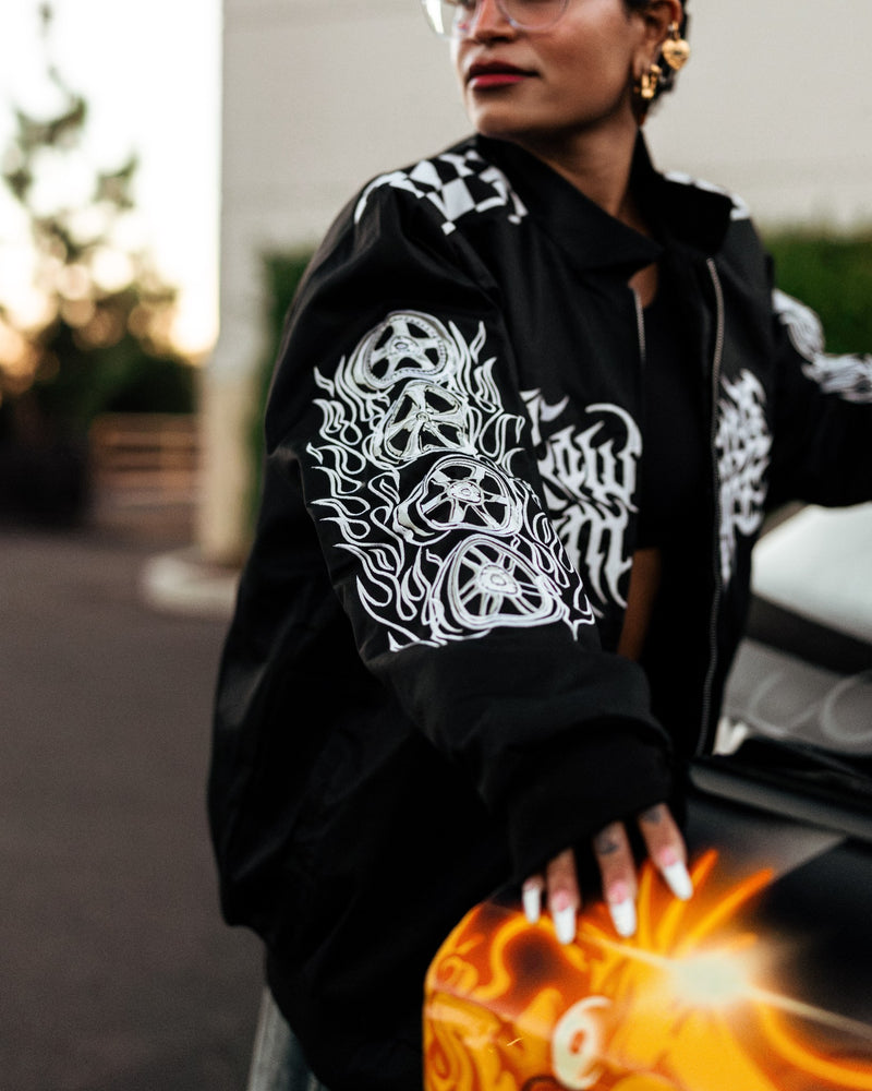 Black Embroider Wheel Collection Racing Jacket