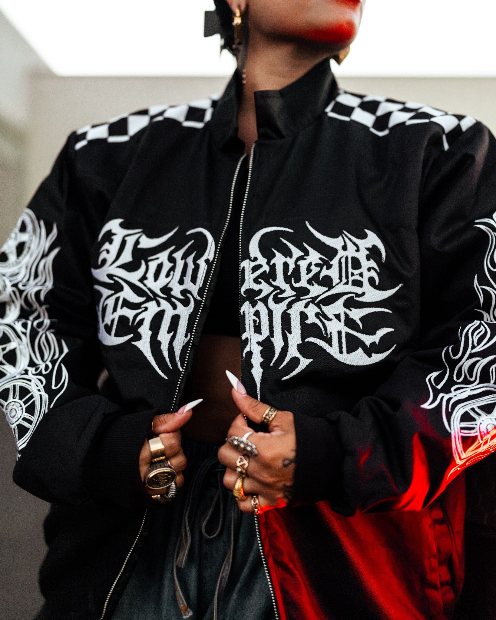 Black Embroider Wheel Collection Racing Jacket