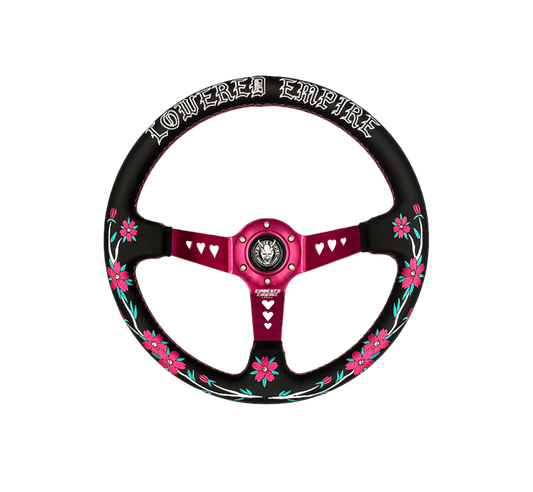Pink Sakuras In the Sky Black Leather Steering Wheel