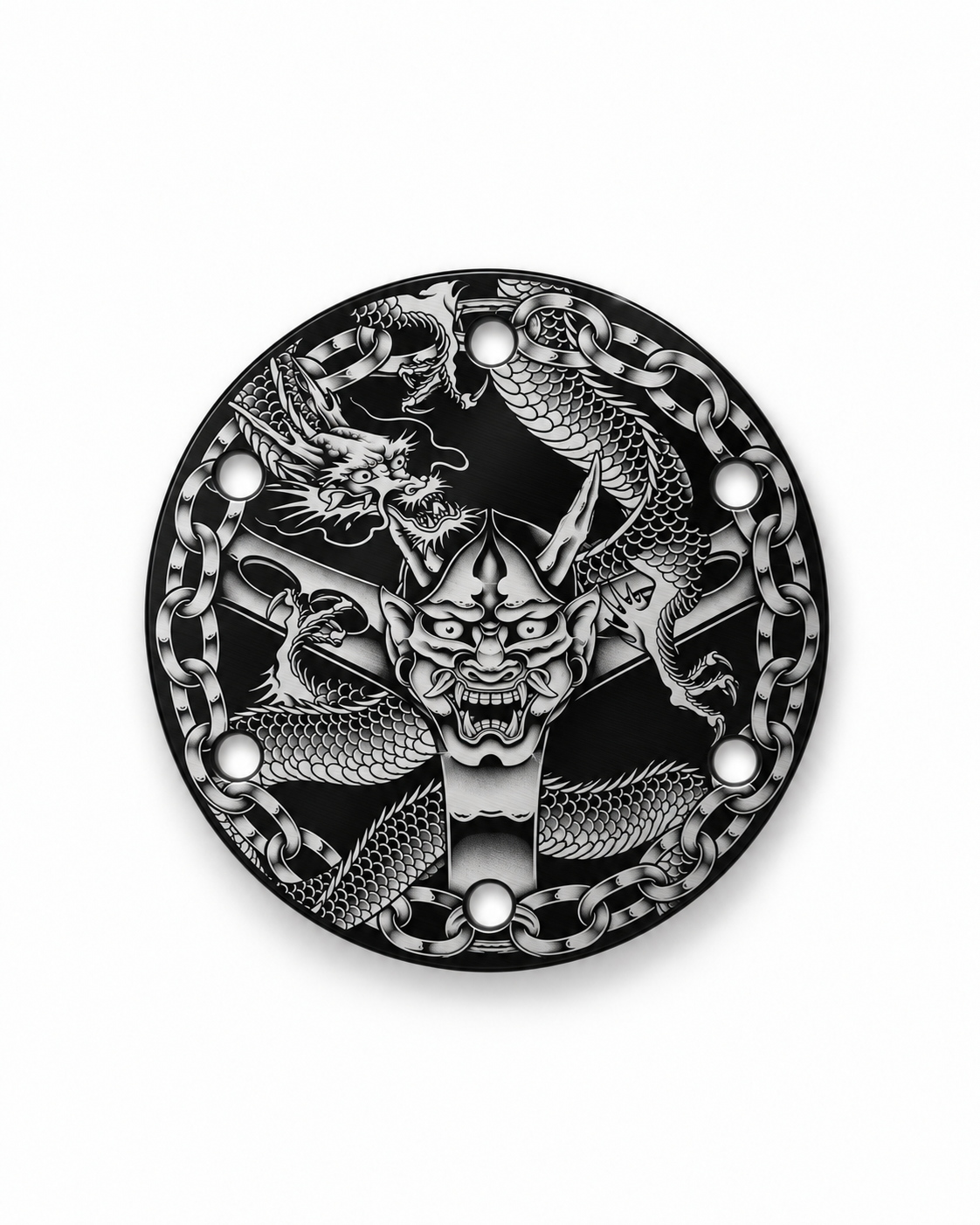Oni and dragon custom etched aluminum horn delete plate