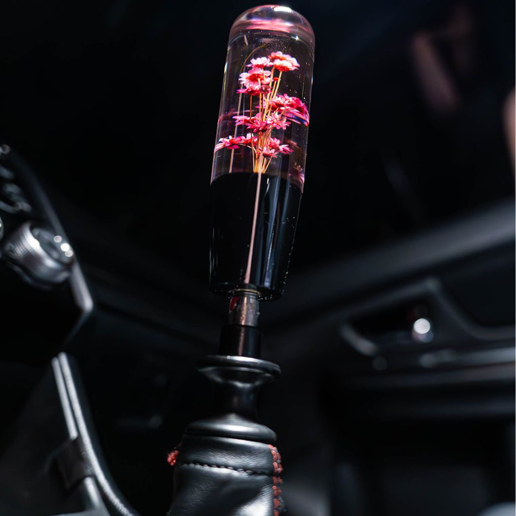 JDM Clear Purple Real Flower Manual Car Gear Shift Knob - 10CM, Acrylic, Universal Fit With Screws