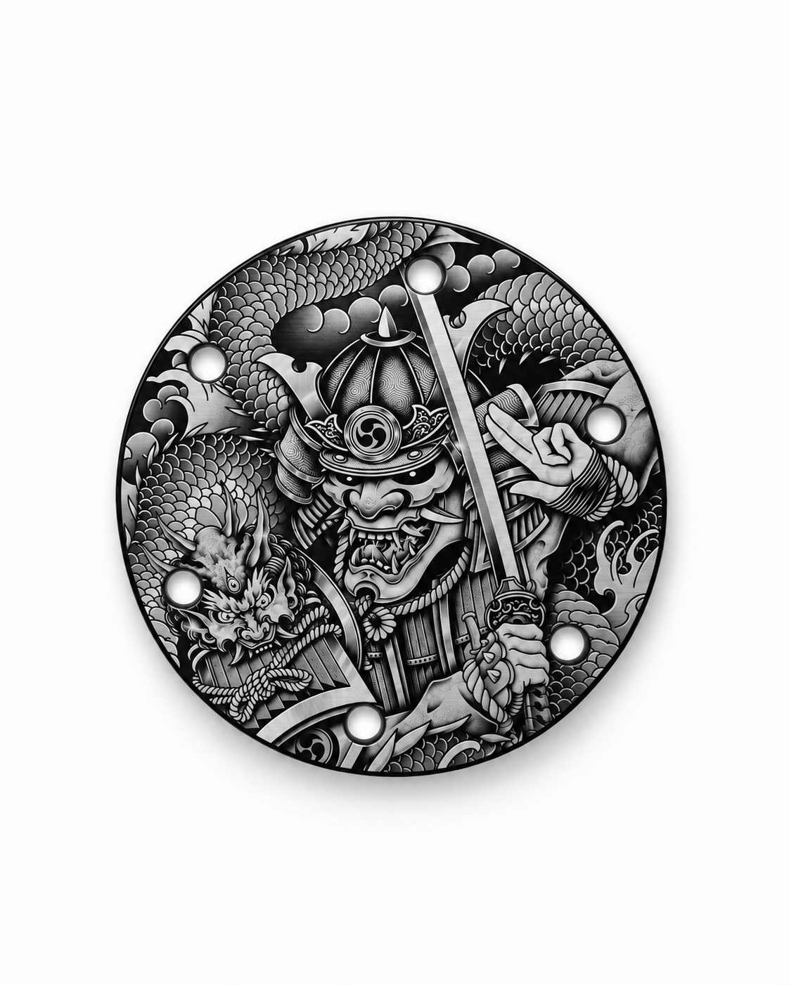 Samurai and dragon custom etched aluminum horn delete plate