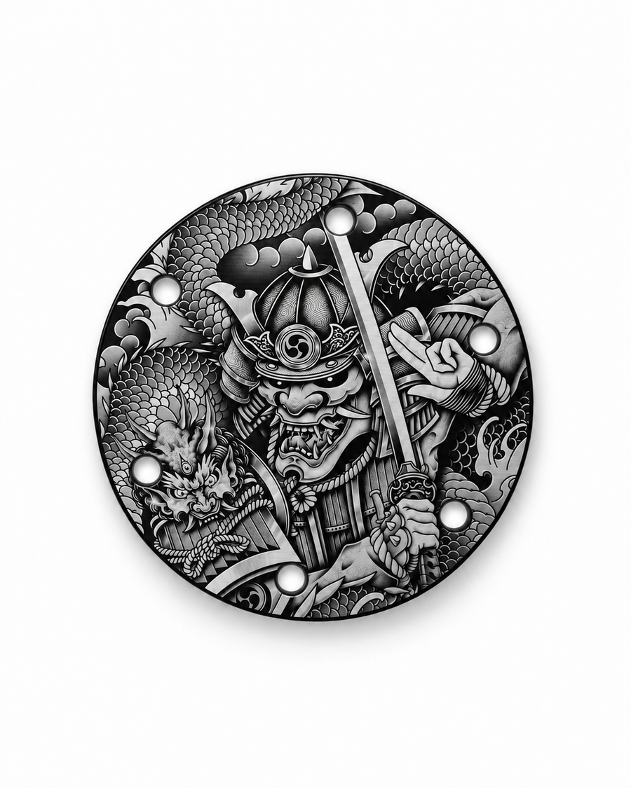 Samurai and dragon custom etched aluminum horn delete plate