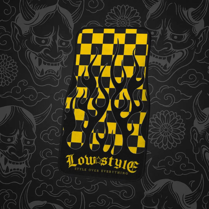 Yellow and black checkered phone case with a flame design.